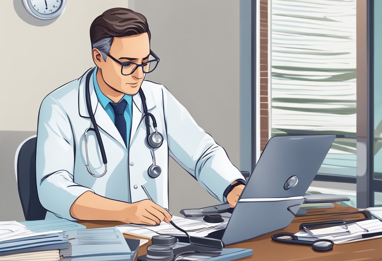 A doctor reviewing a stack of cardiology cases, with a stethoscope and medical records on the desk