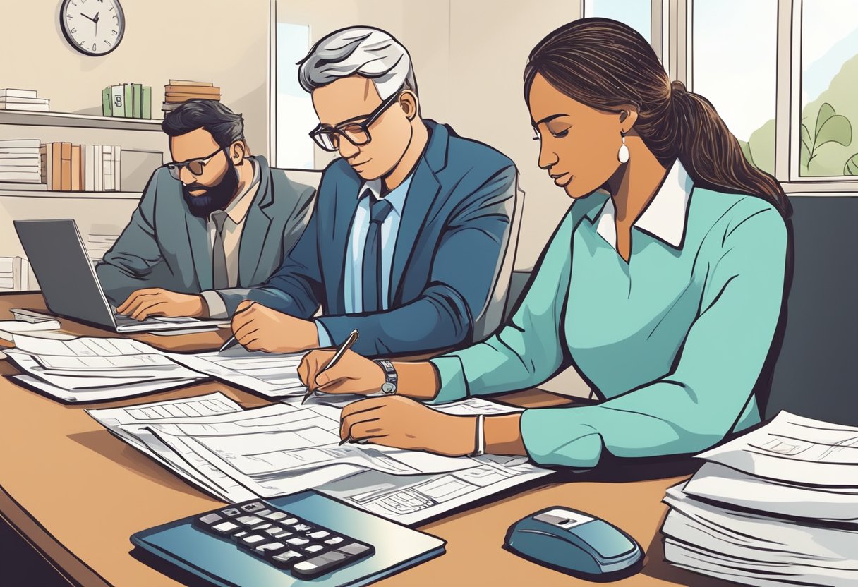 A person fills out loan forms while a money lender calculates repayments