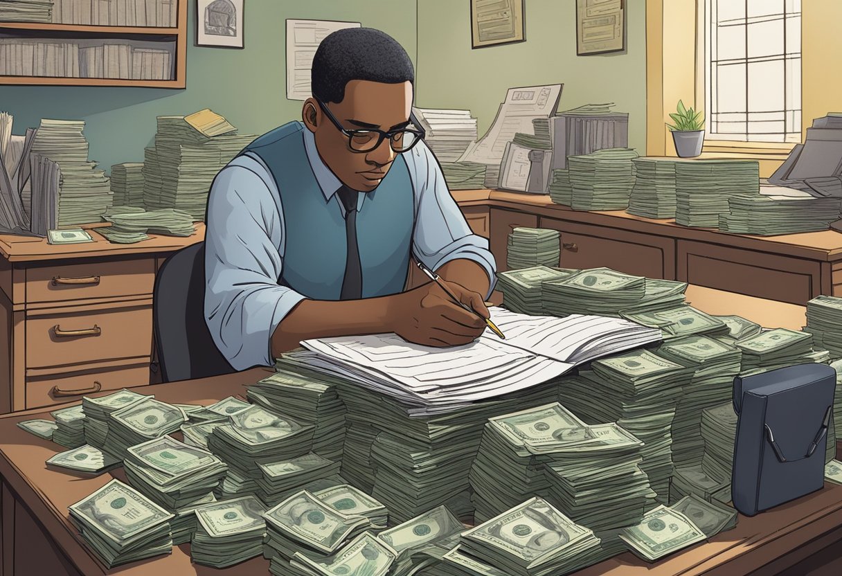 A small, cluttered room with stacks of money and paperwork. A stern-looking chetty money lender sits behind a desk, counting coins and writing in a ledger. A sense of tension and urgency fills the air