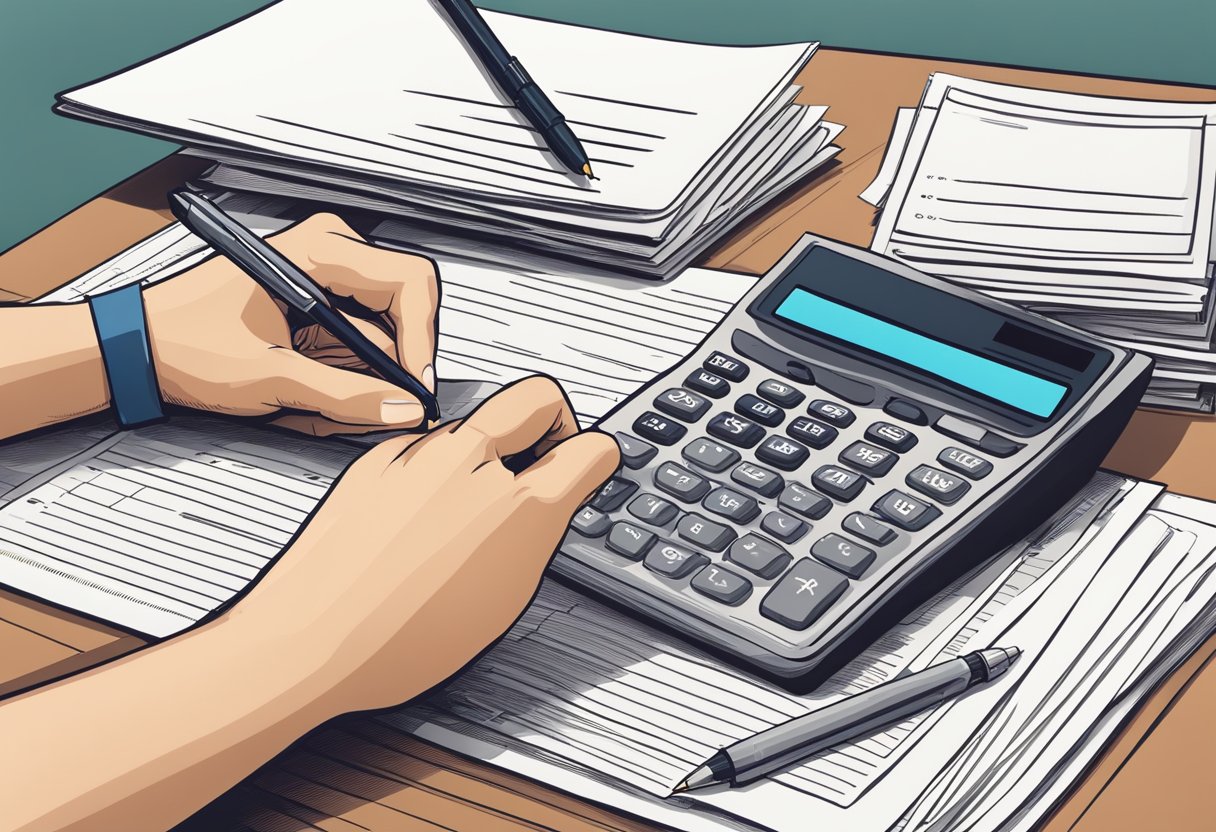 A stack of bills being combined into one pile, a calculator, and a pen on a desk. A person's hand signs a document
