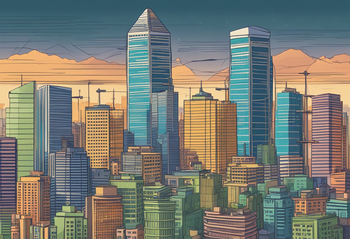 A towering stack of financial products looms over a cityscape, while interest rates fluctuate like a seismograph