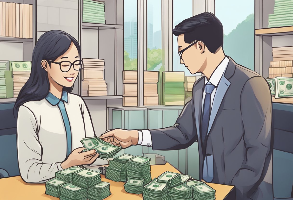 A person receiving cash from a legal money lender in Singapore