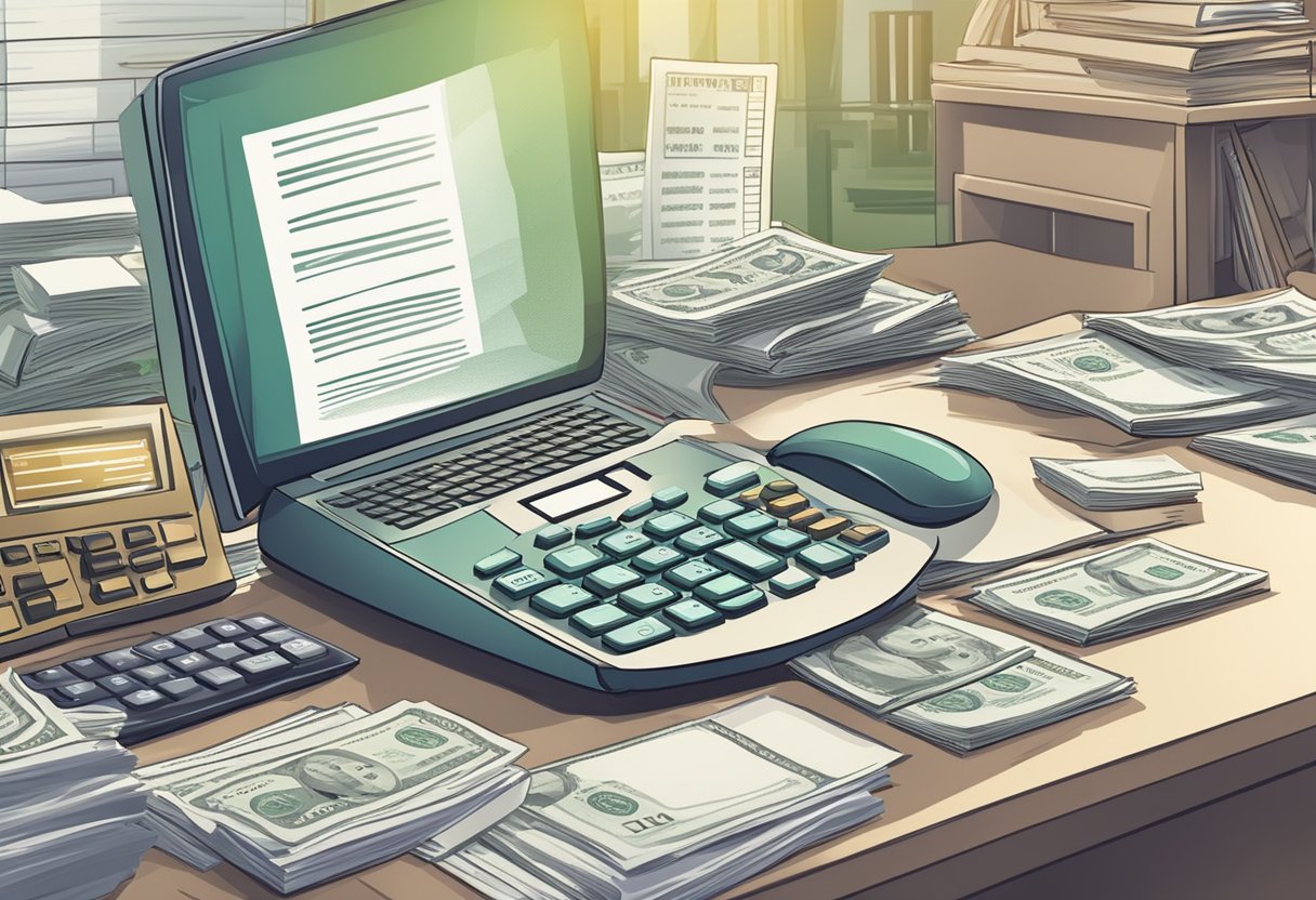Money lenders calculate compound interest on a computer, with a stack of loan documents and a calculator nearby