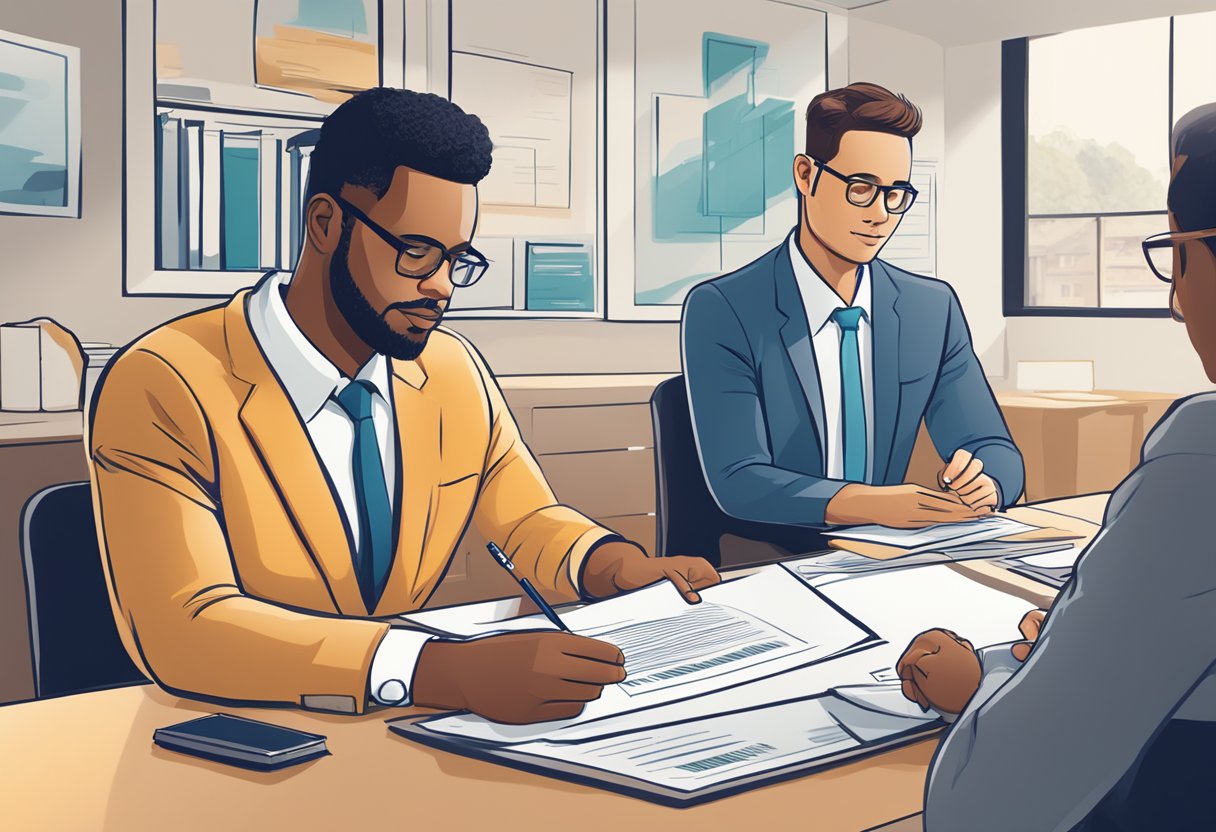 A borrower sits at a desk, reviewing a document from a licensed money lender. The lender's logo is prominently displayed, and the borrower appears focused and engaged in the process