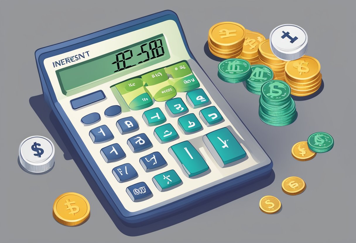 A calculator displaying interest formula with loan amount and interest rate, alongside a licensed money lender's logo and signage