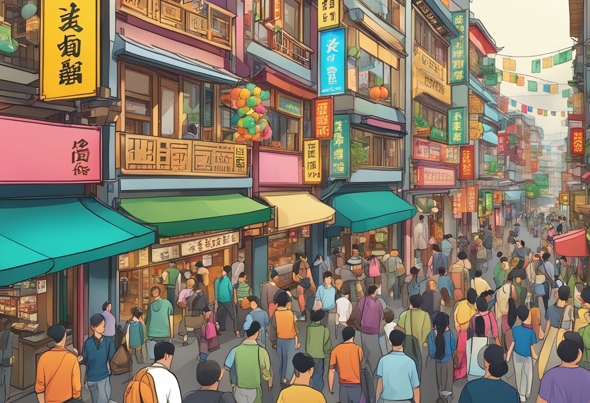 A bustling Chinatown street with Horison Money Lender sign above, surrounded by colorful shops and busy pedestrians