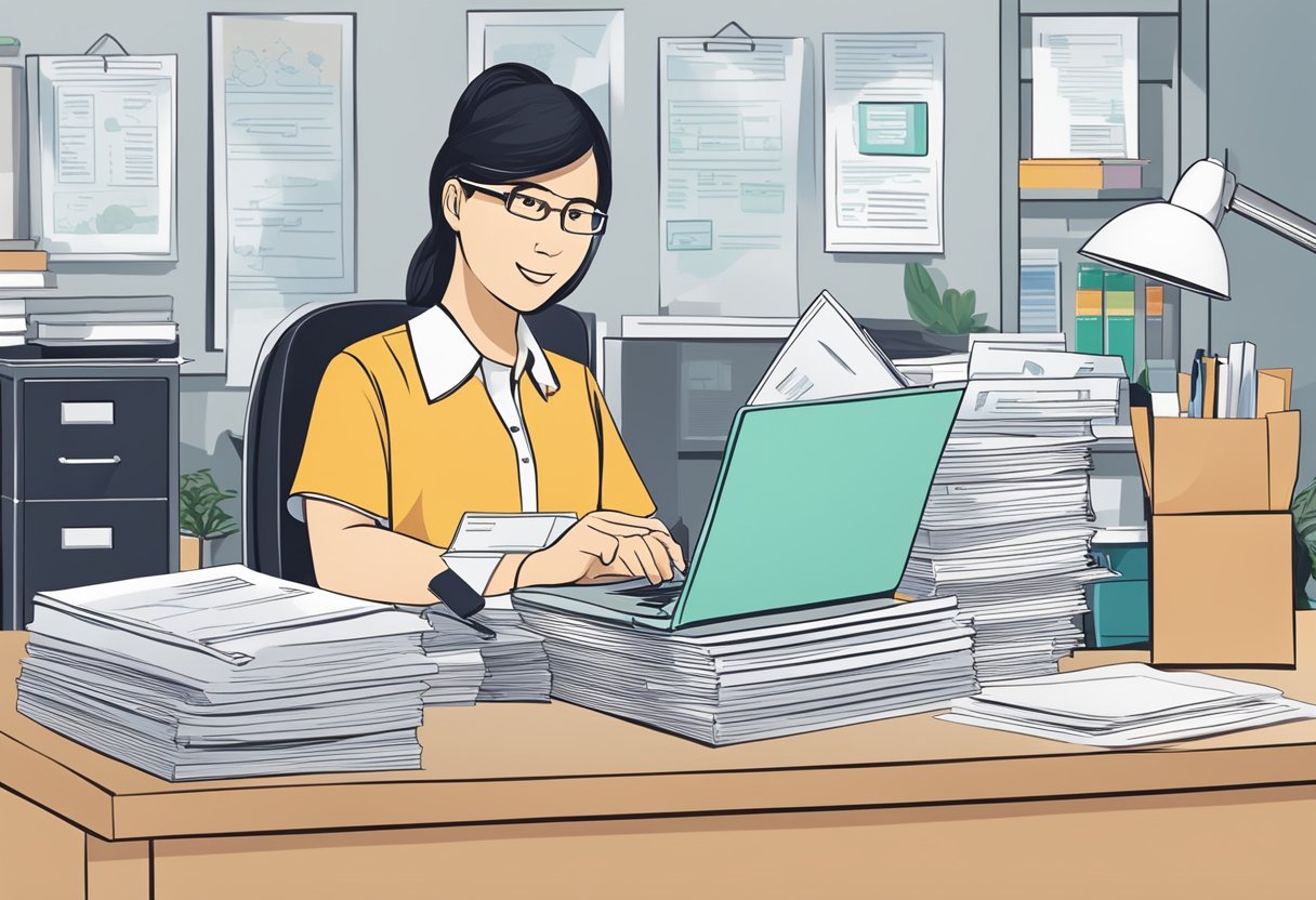 A licensed money lender in Singapore sits behind a desk, surrounded by financial documents and a sign displaying their services