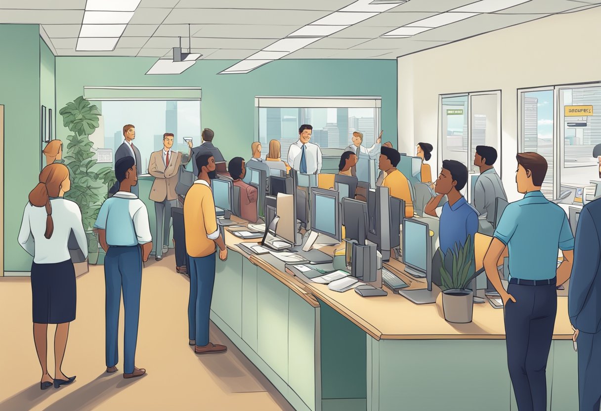 A busy office with a sign reading "Frequently Asked Questions Capital Money Lender" and people waiting in line