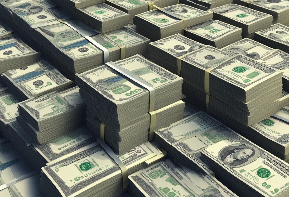 A stack of money grows exponentially on a table, representing compound interest in use by money lenders