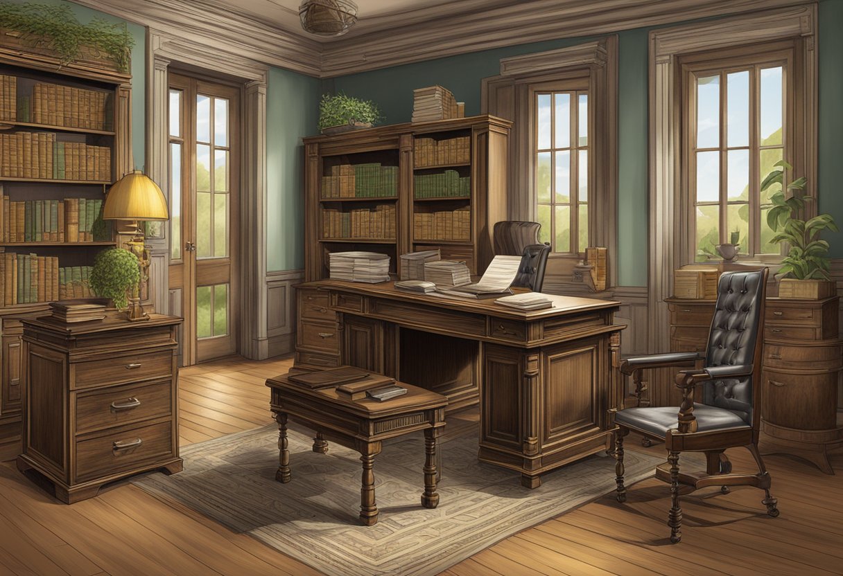 A historical chetty money lender's office with antique furniture and ledgers