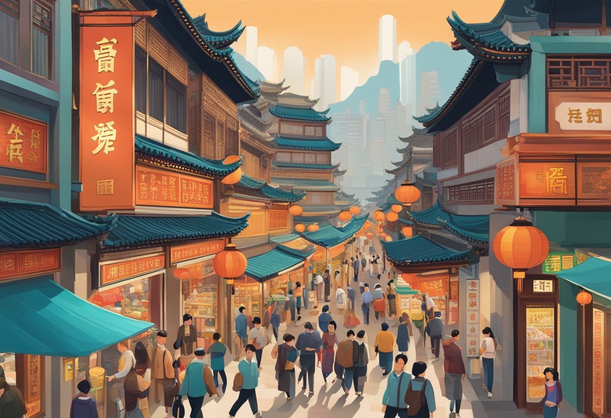 A bustling Chinatown street with a prominent sign for "Horison Money Lender." People and shops line the busy thoroughfare, with colorful storefronts and traditional Chinese architecture