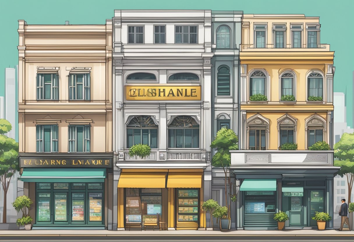 A row of storefronts in Singapore displaying signs for licensed money lenders, with a list of names and contact information visible