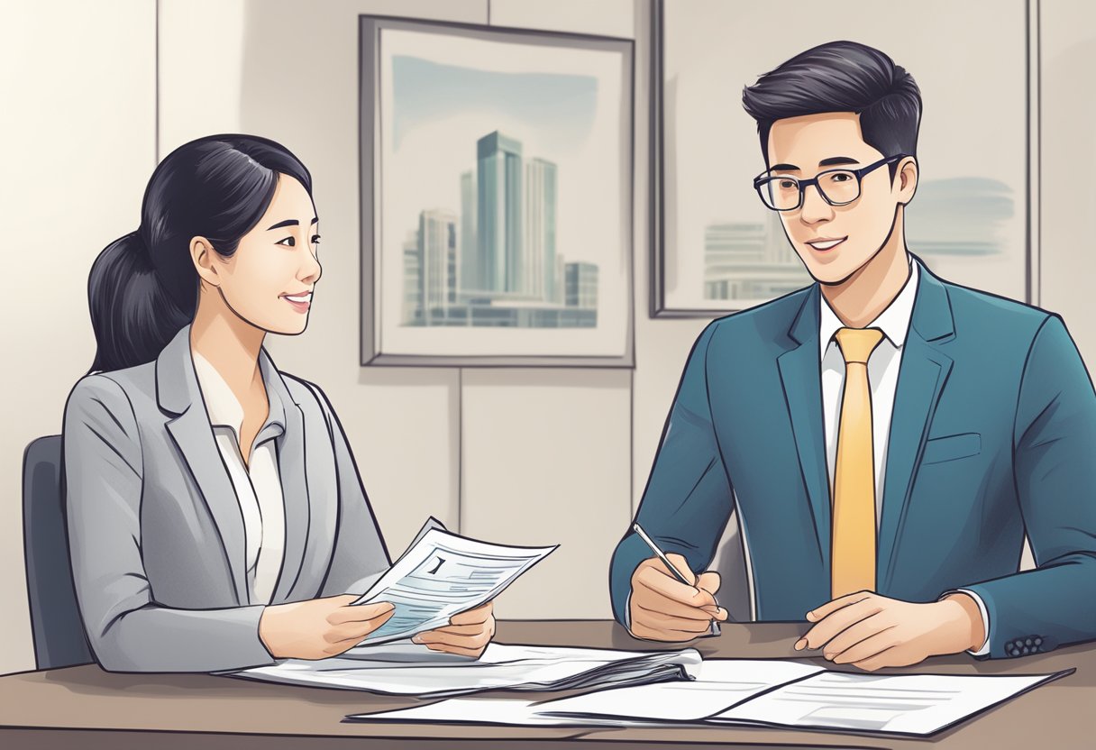 A legal money lender in Singapore explaining fast loan terms to a customer, with clear signage and official documents on the table