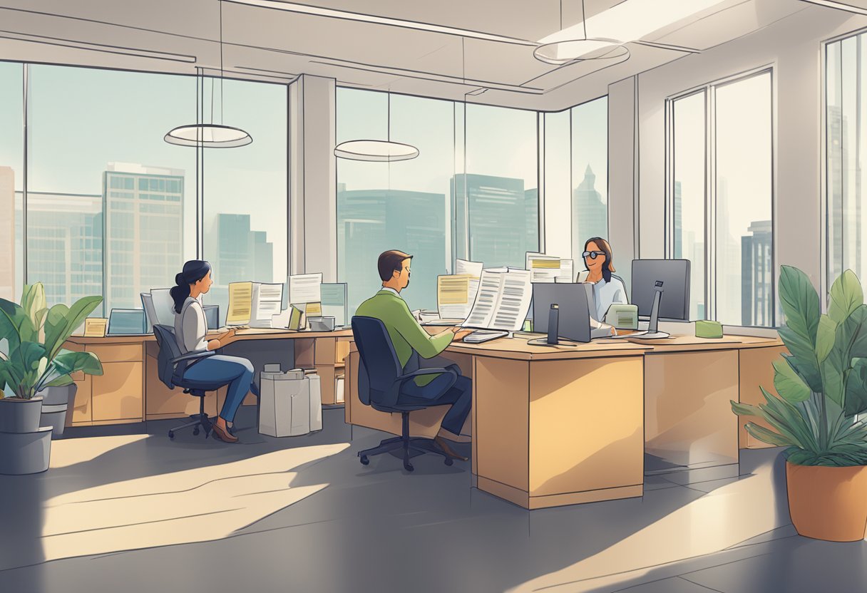 Customers reading and evaluating licensed money lender reviews in a well-lit, organized office setting