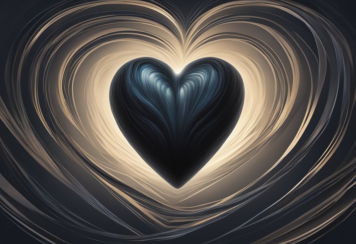 A lone heart surrounded by dark, swirling shadows, emitting a faint glow as if burdened by unseen weight