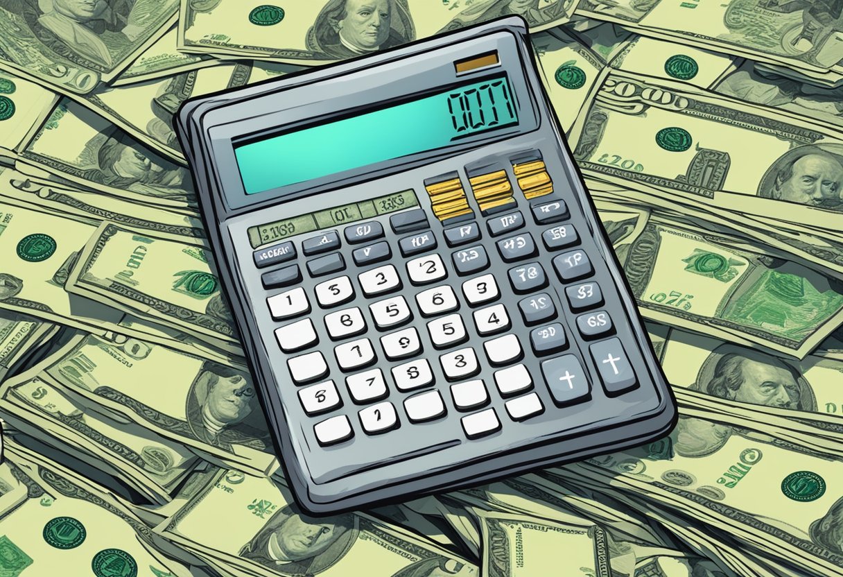 A stack of money grows larger as numbers on a calculator display compound interest