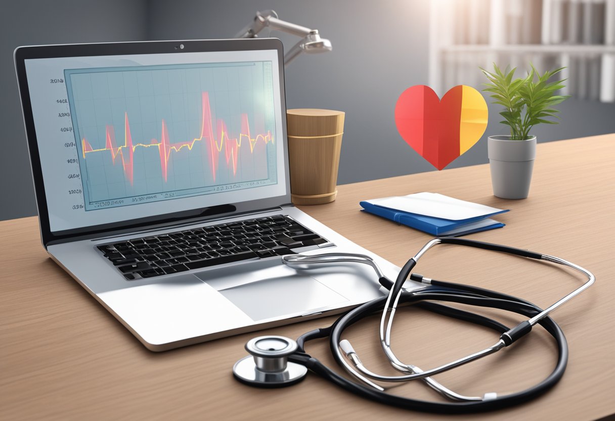 A stethoscope and heart diagram on a desk, with EKG monitor in background