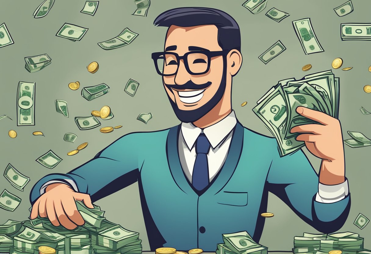 A flexible money lender counting cash and smiling
