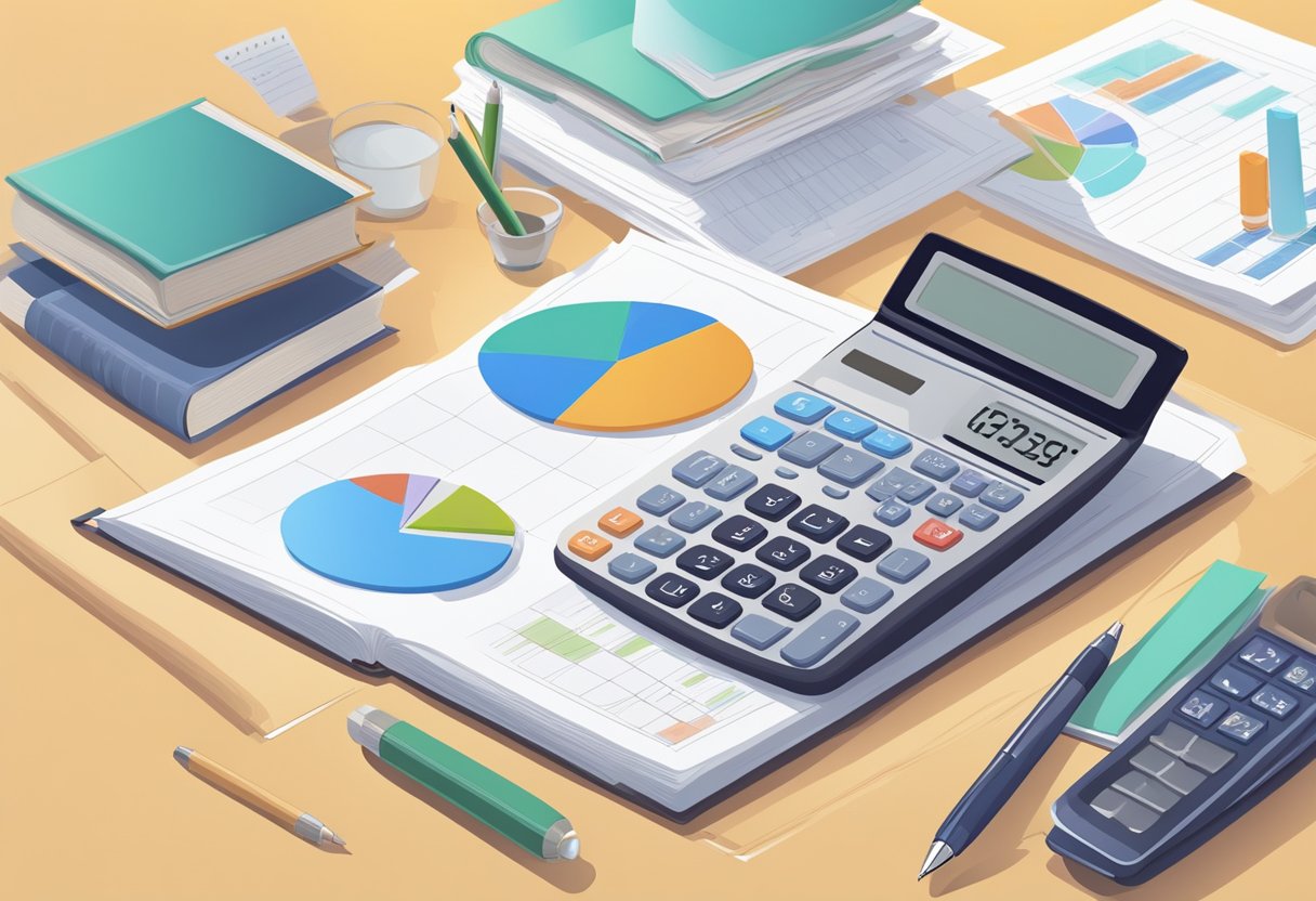 An open book with a calculator and a pen on a desk, surrounded by financial documents and charts