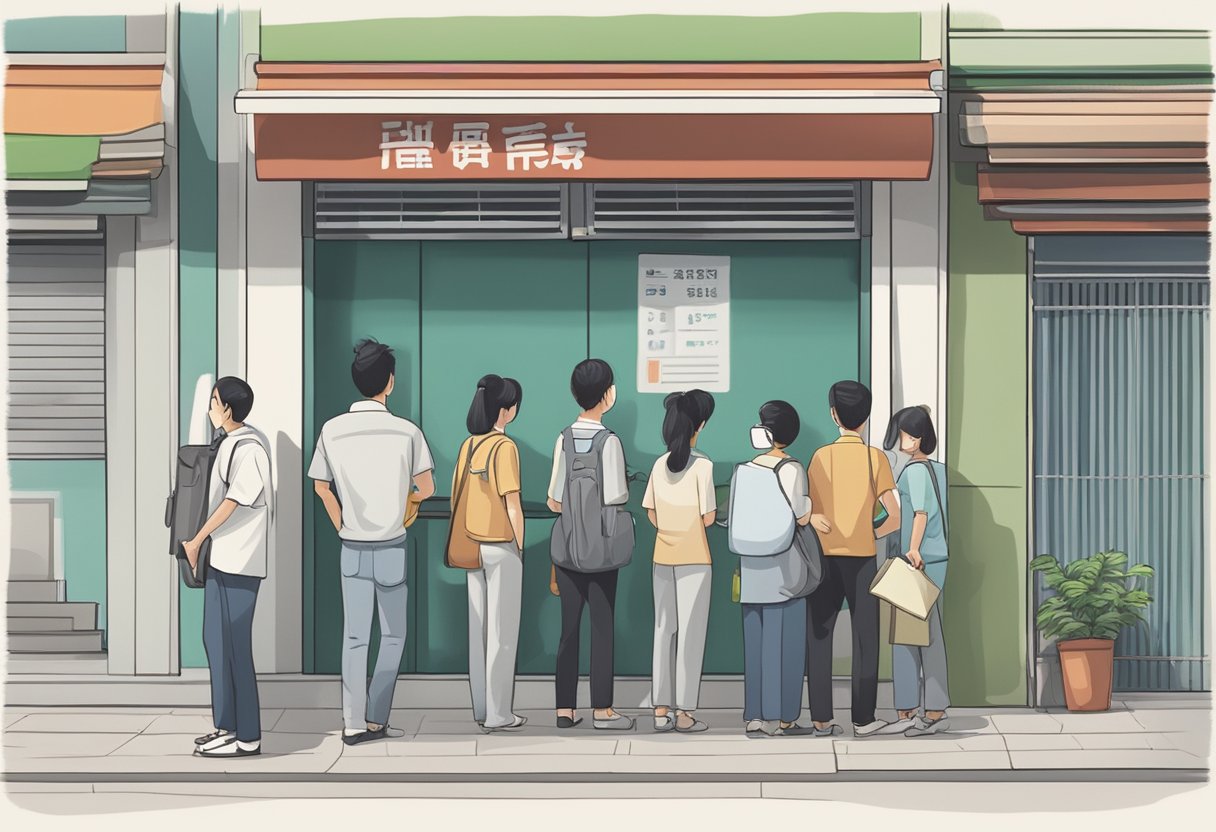A line of customers waits outside a licensed money lender in Bencoolen. A sign with "Frequently Asked Questions" hangs prominently