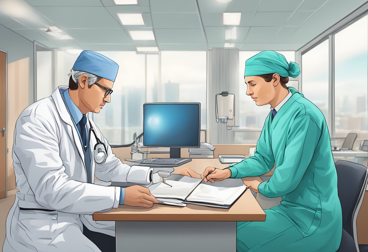 A cardiologist and cardiothoracic surgeon discuss a patient's condition in a hospital conference room