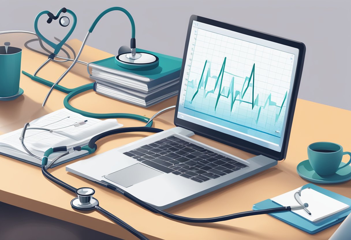 A stethoscope placed on a desk next to a stack of medical journals and a computer displaying a heart rhythm