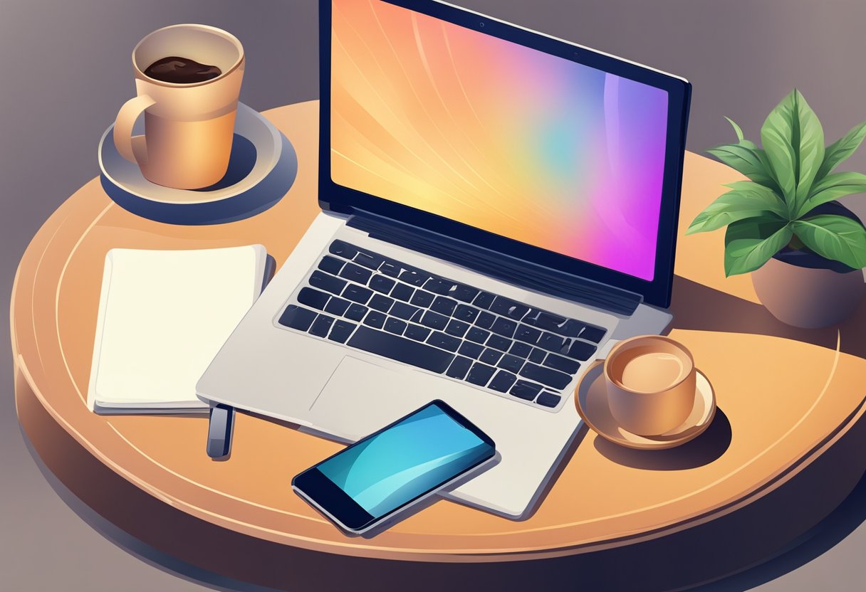 A cup of coffee on a table next to a laptop and a smartphone