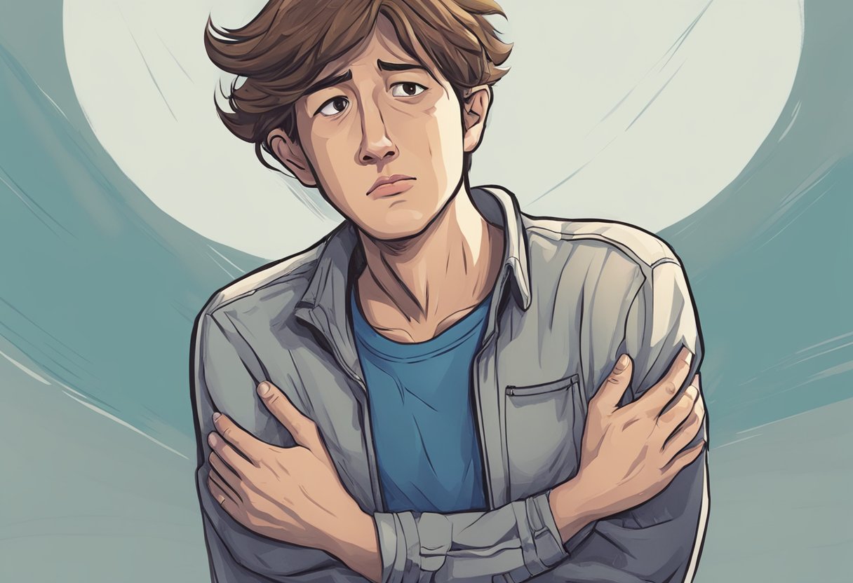 A person clutching their chest in distress, with a concerned look on their face, reaching out for help