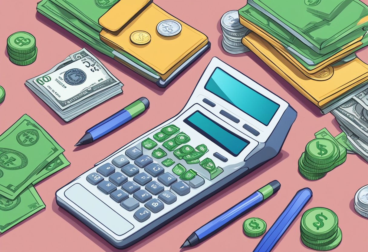 Money lenders calculate compound interest on a calculator while answering FAQs