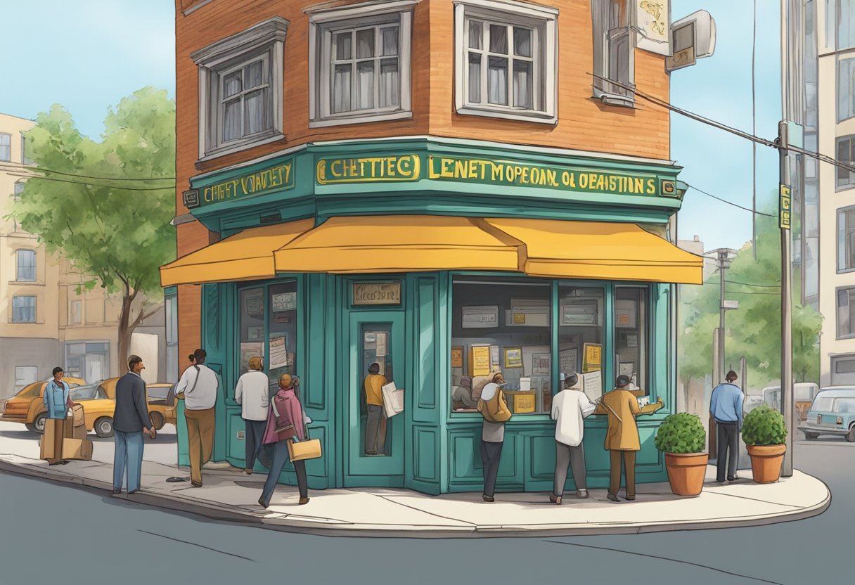 A bustling street corner with a small office adorned with a sign reading "Practices and Operations chetty money lender." People come and go, exchanging money and documents