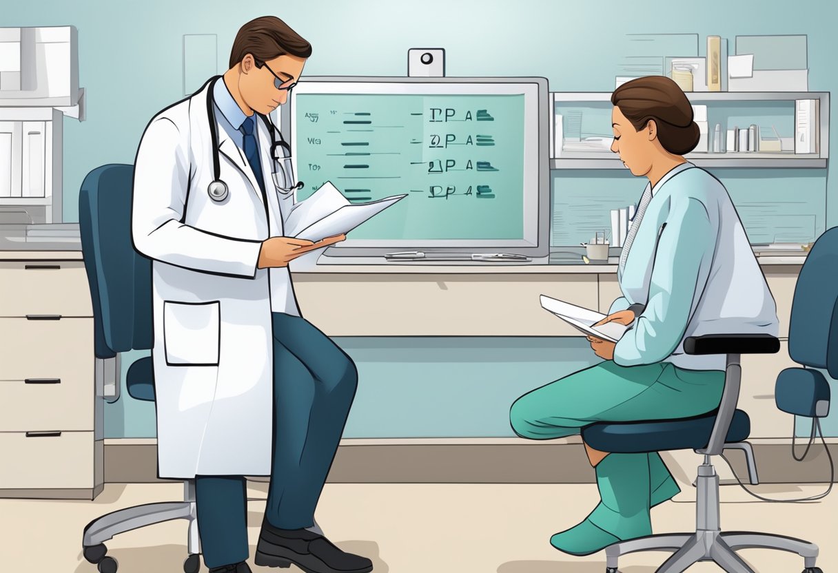 A doctor writes "PA" on a patient's chart in a cardiology office