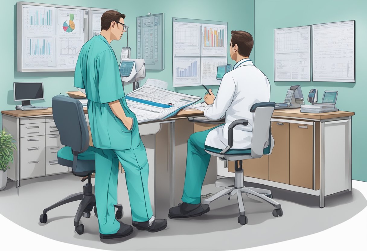 A cardiologist and cardiothoracic surgeon consulting on a patient's case, surrounded by medical charts and equipment in a hospital setting