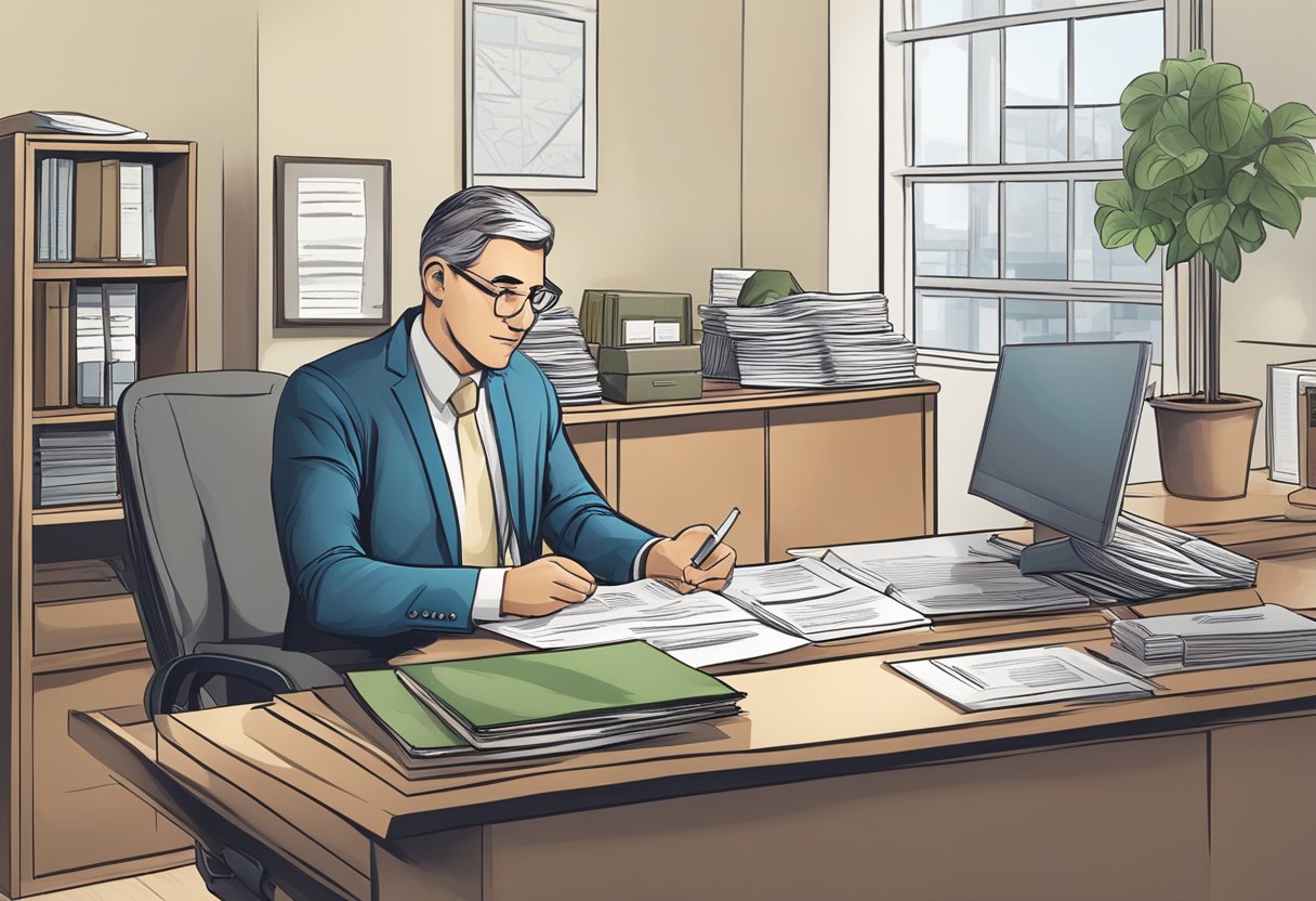 A licensed money lender sits at a desk, offering flexible loan terms to a customer. The lender's office is tidy and professional, with financial documents neatly organized