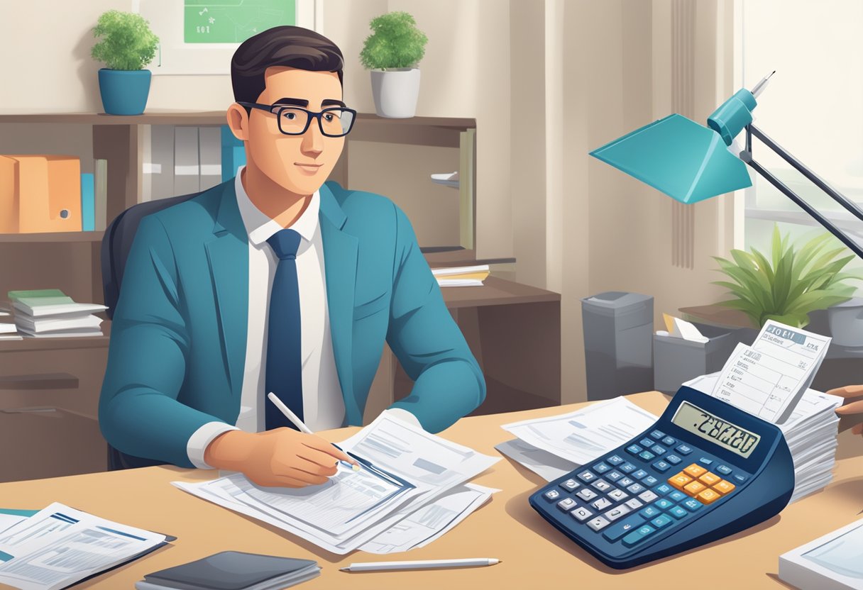 A person sits at a desk with a calculator and paperwork, organizing loan and repayment details. A licensed money lender sign is visible in the background