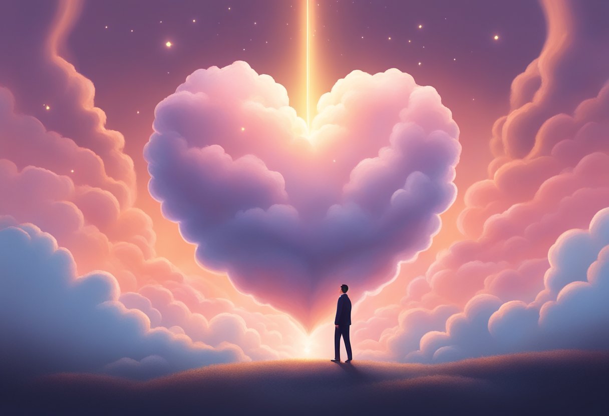A heart-shaped cloud hovers above a figure, emitting a glowing light. Surrounding it are question marks and a sense of unease