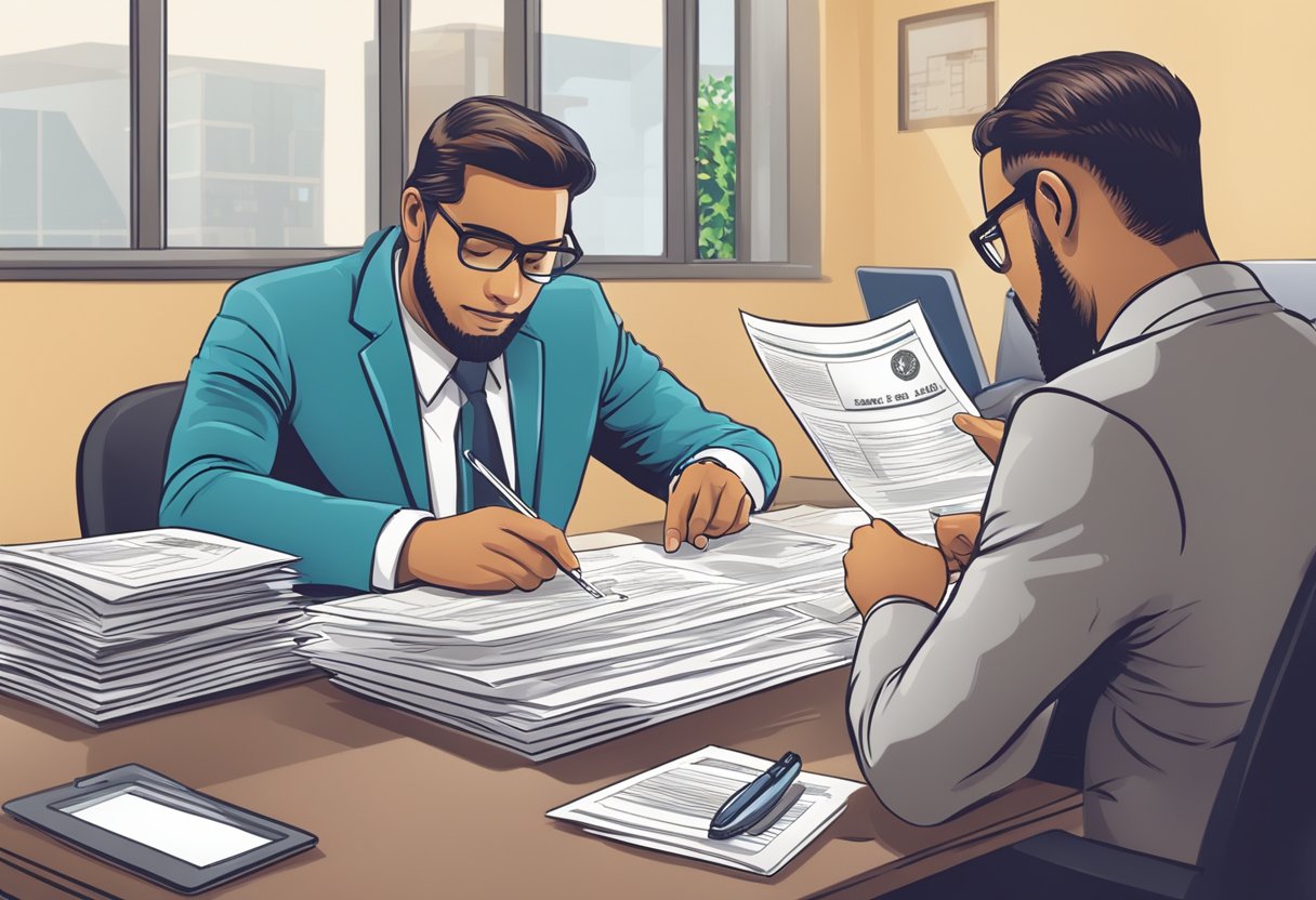 A person filling out a loan application form at a desk with a legal money lender sign in the background
