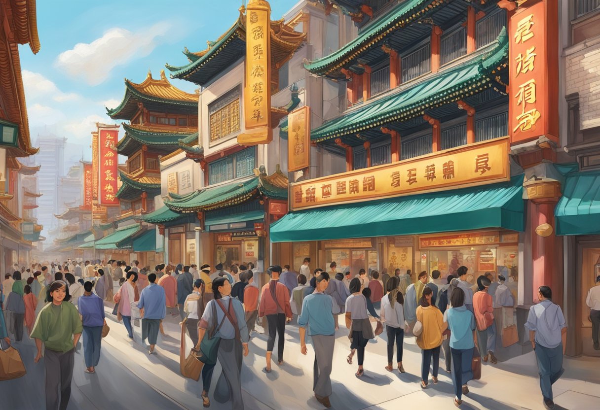 The bustling streets of Chinatown are filled with people entering and exiting the Horison money lender, where the loan application process is in full swing