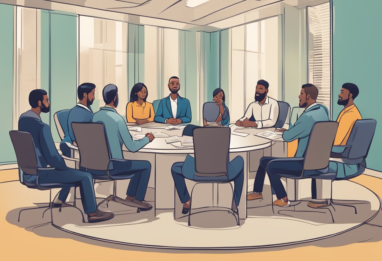 A group of money lenders sit in a circle, receiving counseling on credit and financial management. The counselor gestures and speaks while the lenders listen attentively
