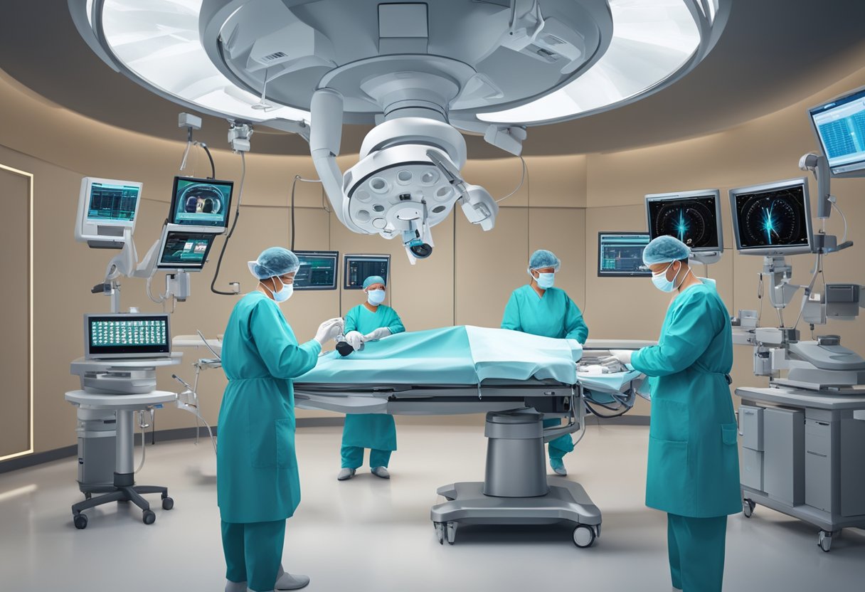 A cardiologist and cardiothoracic surgeon in a modern operating room, surrounded by advanced surgical equipment and monitors, performing a minimally invasive procedure with precision and expertise