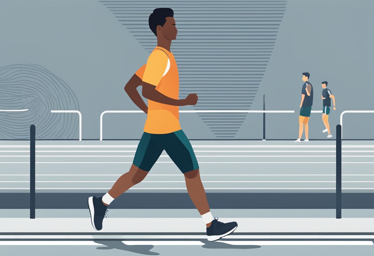 A person walks at a moderate pace, breathing steadily. A heart rate monitor displays a lower heart rate than during intense exercise