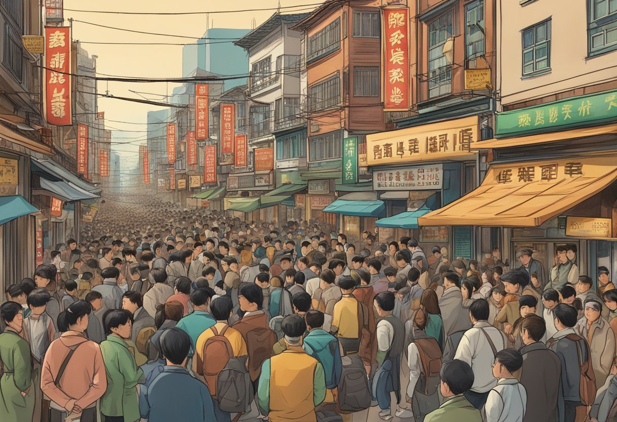 A busy street in Chinatown with a prominent sign for "Horison Money Lender" and a crowd of people