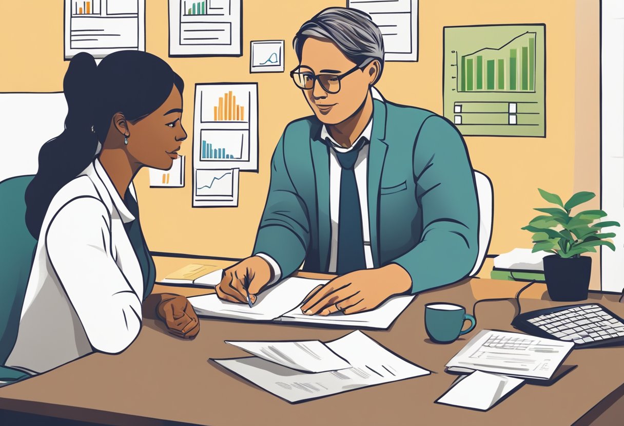 A person sitting at a desk, receiving advice from a credit counselor. Charts and graphs on the wall show debt management strategies