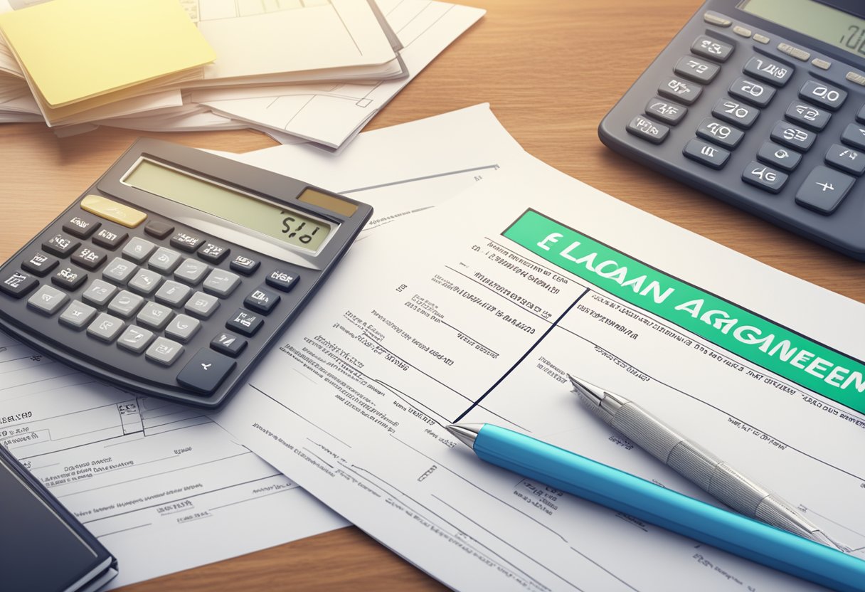 A calculator and a loan agreement document on a desk, with a licensed money lender's sign in the background