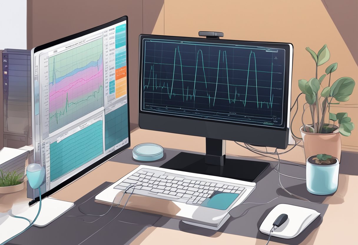 A heart monitor displays irregular heartbeats. A cardiologist studies the arrhythmia pattern