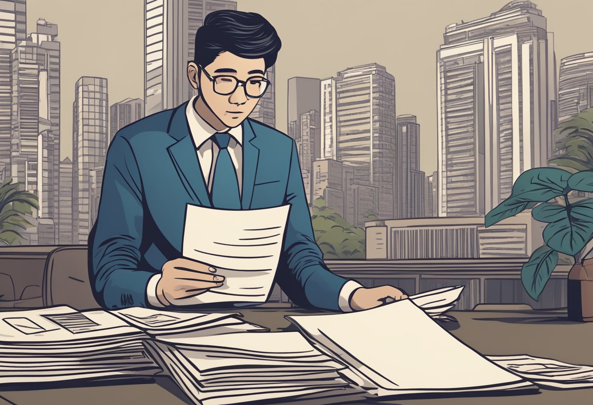 A person diligently checks a list of licensed money lenders in Singapore, while a shadowy figure lurks in the background, symbolizing potential loan scams and unlawful practices