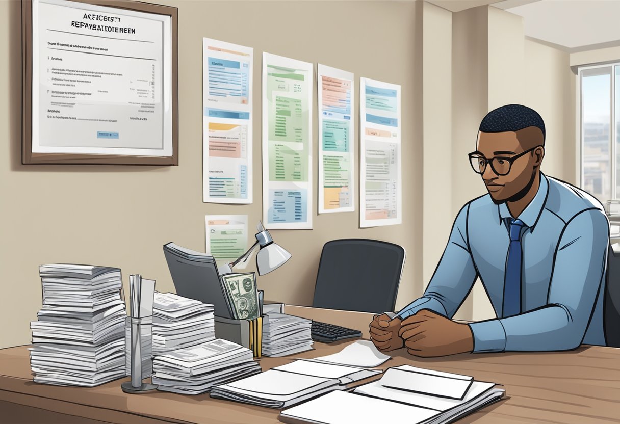 A licensed money lender sits at a desk with flexible repayment terms. A sign on the wall displays their accreditation
