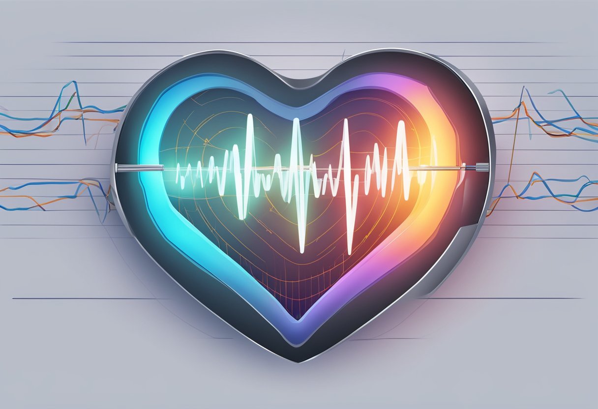 A heart with irregular electrical activity, causing abnormal heartbeat patterns. Medical equipment monitors the rhythm