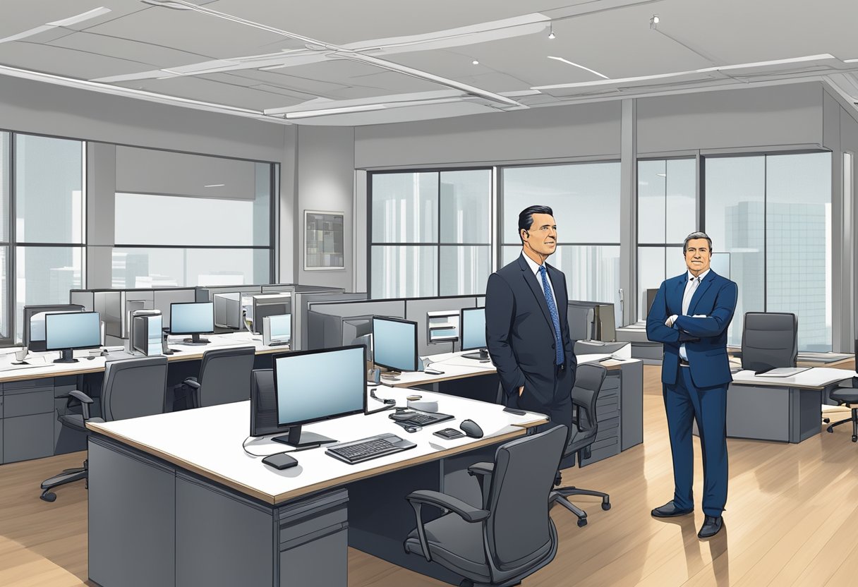 The chairman of Crawfort Money Lender stands confidently, surrounded by sleek modern office furniture and a bustling team of professionals