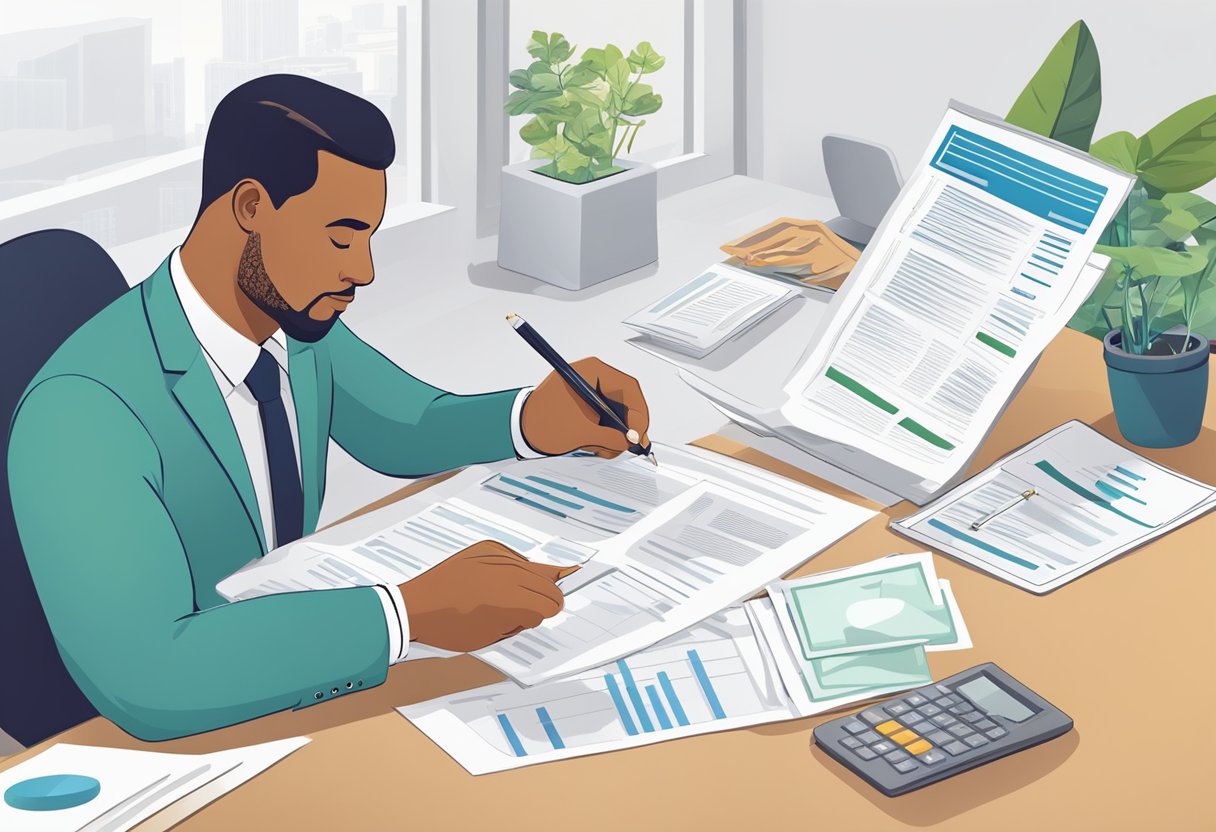 A person fills out a loan application at a desk with a flexible money lender. The lender reviews the paperwork and discusses terms with the applicant