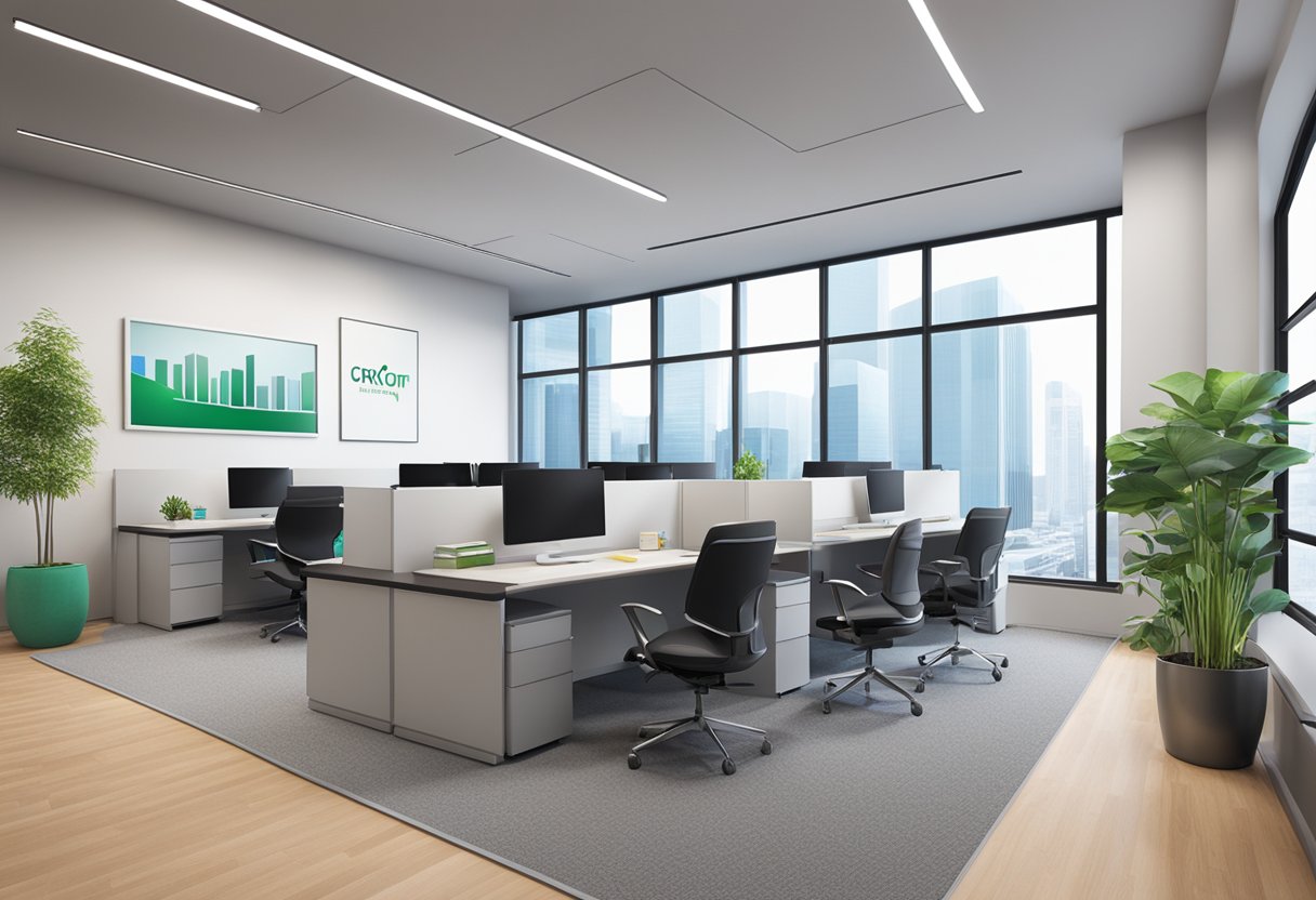 A modern office space with sleek furniture and a logo prominently displayed, representing Crawfort money lender services
